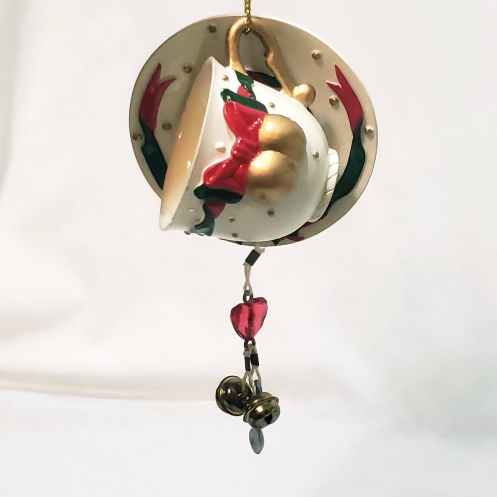 Tea Cup Saucer Spoon Bells Heart Christmas Ornament 1.5" UDC 2003 Resin Chipped